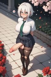 1futa ai_generated back bangs blush breasts clothes collared covered erect_penis erection flower futa_only futa_sans_pussy futanari heart huge_cock juswa loafers necktie nipples outdoors pantyhose penis petals pleated rose school school_uniform shirt shoes skirt sleeves solo spoken standing testicles torn uncensored uniform