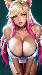 ahri ai_generated bare_shoulders bent_over big_breasts blonde_hair bracelet bracelets breast_squeeze breasts breasts breasts breasts_bigger_than_head breasts_focus choker clavicle cleavage close-up collarbone fake_breasts female female_focus female_only firm_breasts fox_ears fox_girl foxgirl from_front_position huge_breasts k/da_ahri k/da_all_out_series k/da_series large_breasts light light_body light_skin lighting lips lipstick miniskirt pink_hair pose posing posing_for_picture posing_for_the_viewer round_breasts seducing seduction seductive seductive_body seductive_eyes seductive_gaze seductive_look seductive_mouth seductive_pose seductive_smile shiny shiny_body shiny_breasts shiny_clothes shiny_hair shiny_skin simple_background sky4maleja smile thighs vastaya yellow_eyes