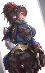 absurdres ass back black_hair blush breasts female gloves grin highres large_breasts long_hair long_sleeves looking_at_viewer looking_back multicolored_hair ponytail red_eyes red_hair smile solo streaked_hair thighs ura_illust weapon zenless_zone_zero zhu_yuan