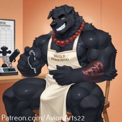 ai_generated anthro apron apron_only background black_eyes black_fur black_nose erect_penis erection erection_under_clothes fluffy furry furry_male furry_only looking_at_viewer mountain_dog muscular muscular_anthro muscular_arms muscular_male muscular_thighs necklace pecs penis_showing short_hair sitting sitting_on_chair smug smug_grin solo solo_focus tattoo tattooed_arm tattoos textless viewer viewer_pov