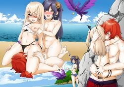 1boy 2girls beach bigger_male bikini blonde_hair blue_sky breasts breasts_out censor_bar censored cunnilingus diluc_(genshin_impact) eating_pussy female fischl_(genshin_impact) genshin_impact green_eyes hidden_sex hiding kissing male male/female mona_(genshin_impact) multiple_girls ocean oral outdoor_sex outdoors outside petite petite_body red_hair riding_penis seaside sex size_difference smaller_female stand_and_carry_position standing_sex stealth_sex summer threesome vaginal_penetration