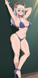 against_wall ai_generated arms_up artist_name blue_bikini conniexx female female_only heels horns legs_crossed medium_breasts one_piece stable_diffusion white_hair yamato_(one_piece)