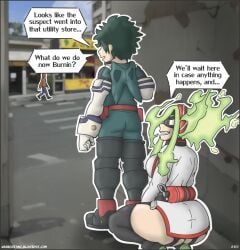 1boy 1girls 2d ass big_ass big_butt boku_no_hero_academia burnin_(my_hero_academia) comic comic_page deku dialogue female fire flaming_hair from_behind green_hair hero_outfit_(mha) heroine izuku_midoriya light-skinned_female light_skin long_hair male moe_kamiji my_hero_academia smile smiling squatting thick thick_legs thick_thighs thighhighs thighs warbeastinc. wide_hips yellow_eyes