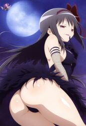 ai_generated akemi_homura akuma_homura artist_logo ass ass_focus back_view big_ass black_hair bubble_butt butt_focus devil from_below goddess highres long_hair madoka_worship magical_girl magical_girl_outfit mahou_shoujo_madoka_magica puella_magi_madoka_magica purple_eyes red_ribbon ribbon smug smug_face smug_grin straight_hair thong