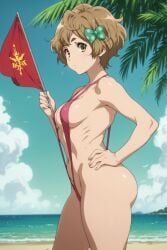 ai_generated beach brown_hair female hibike!_euphonium holding_flag kawashima_sapphire slingshot_swimsuit