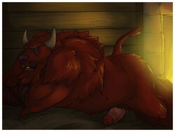 amwulf bed bison bovine erection jean_bison looking_at_viewer male male_only muscles penis scar seductive sly_cooper_(series) smooth_fur solo tongue uncut