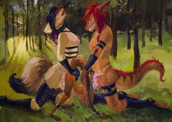 2018 akita_(theretto) akita_krahs anthro armwear balls big_breasts black_hair bondage bound braided_hair breast_size_difference breasts brown_fur brown_hair canine choco closed_eyes clothing collar cum cum_in_mouth cum_inside cum_on_balls day detailed_background dickgirl elbow_gloves erection female fish fluffy fluffy_tail forest fur gloves grin group group_sex hair hand_on_head harness hi_res intersex kyoko_komurasaki leather legwear mammal marine multicolored_fur multicolored_hair nipples nude open_mouth orgasm outside penetration penis purple_hair red_hair rykar satynapaper sex shark smile tears tongue tongue_out tree wolf