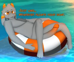 anthro big_penis body_hair bovid caprine chest_hair floatie floppy_ears fur genitals glans goat grey_body grey_fur gusta gusta_(gusta) hair hi_res horn huge_cock inflatable male mammal nude_male orange_eyes orange_glans orange_horn orange_stripes penis solo stripes