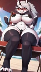 1girls ai_generated big_breasts breasts furry hellhound helluva_boss long_hair looking_at_viewer red_eyes roger1011 small_bikini string_bikini thick_thighs thighhighs