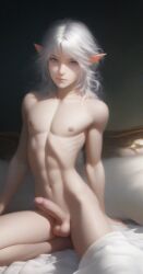 abs ai_generated artistic_nude balls bed blue_eyes elf elf_ears elf_male epic_fantasy_whore erection femboy feminine_male indoors male_nipples messy_hair nai_diffusion naked naked_male on_bed original_character penis pointy_ears shoulder_length_hair slim solo solo_male white_hair
