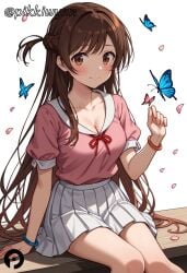 ai_generated bangle bangs blue_butterfly blush bracelet braid breasts brown_eyes brown_hair bug butterfly cleavage closed_mouth collarbone feet_out_of_frame female jewelry kanojo_okarishimasu long_hair looking_at_viewer medium_breasts mizuhara_chizuru one_side_up petals pikkiwynn pink_shirt pleated_skirt red_ribbon shirt short_sleeves simple_background sitting skirt smile solo very_long_hair white_background white_skirt