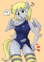 anthro blonde_hair breasts clothes color confused covered_breasts derpy_hooves doing_it_wrong eyes female female_only friendship_is_magic front_view funny fur furry grey_fur hair my_little_pony open_eyes pegasus pony short_hair socks solo standing swimsuit tail wings yellow_eyes