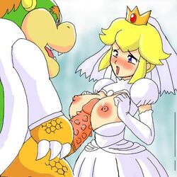 artist_request blonde_hair blue_eyes blush bowser breasts claws clothes crown elbow_gloves female gloves horns huge_cock human koopa large_breasts male mario_(series) nintendo nipples paizuri paper_mario penis princess princess_peach red_eyes red_hair shell spikes straight super_paper_mario teeth tuxedo veil wedding_dress