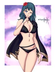 alternate_costume bikini black_bikini black_swimsuit blue_eyes breasts byleth_(female)_(summer)_(fire_emblem) byleth_(fire_emblem) byleth_(fire_emblem)_(female) female female_only fire_emblem fire_emblem:_three_houses fire_emblem_heroes nintendo official_alternate_costume solo sonicheroxd swimsuit teal_hair