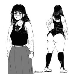 annoyed annoyed_expression big_ass big_butt black_hair black_legwear black_panties blush chainsaw_man long_hair mitaka_asa monochrome ocerius possession scar scar_on_face scars school_uniform schoolgirl showing_ass skirt skirt_removed thong yoru_(chainsaw_man)