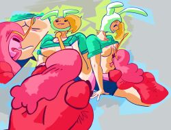 2girls abstract_background adventure_time cartoon_network clothing conch_lover female_only fionna_the_human_girl from_below highres licking lifting_shirt multiple_girls no_bra original_artwork princess_bubblegum thighs tummy yuri