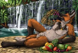 absurd_res anik animal_genitalia anthro brown_body brown_fur canid canine citrine_(gem) digital_media_(artwork) digital_painting_(artwork) eating eating_food food fruit fur genitals hi_res island jewelry jorik_(uncrom) landscape lying_on_ground magic male mammal maned_wolf nargas_dercas necklace nude on_ground orange_body orange_fur palm_tree plant sand secrets_of_uncrom sheath solo tree uncrom water waterfalls wicker yenocwolf