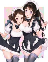 arm_around_waist ass_visible_through_thighs bare_arms big_breasts black_hair black_thighhighs blush breasts brown_hair chitanda_eru cleavage frilled_dress frills hairclip hyouka ibara_mayaka long_hair maid_headdress maid_outfit maid_uniform medium_breasts mery_(yangmalgage) open_mouth pink_eyes purple_eyes shiny_skin short_hair short_sleeves skirt skirt_lift smile thighhighs thighs wrist_cuffs zettai_ryouiki