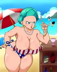 4th_of_july american_flag_bikini beach big_breasts bikini blue_hair bracelets bulma_briefs bulma_briefs_(gt_saga) chubby dragon_ball dragon_ball_gt earrings gilf huge_breasts jewelry lipstick milf pearl_necklace smoking superspacewarrior thick_thighs vegeta