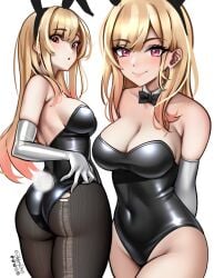 1girls adjusting_clothes animal_ears arms_behind_back artist_name ass bare_legs bare_shoulders black_leotard black_pantyhose blonde_hair bow bowtie breasts bunny_costume bunny_ears bunny_girl bunny_tail bunnysuit cleavage covered_navel cowboy_shot detached_collar ear_bar ear_piercing earrings elbow_gloves english_commentary fake_animal_ears fake_tail female female_only gloves gradient_hair grey_gloves hand_on_own_hip highres jackary jewelry kitagawa_marin large_breasts leotard long_hair looking_at_viewer multicolored_hair multiple_views open_mouth orange_hair pantyhose piercing playboy_bunny rabbit_ears rabbit_tail red_eyes shiny_clothes sideboob simple_background skindentation smile solo sono_bisque_doll_wa_koi_wo_suru standing strapless strapless_leotard tail torn_clothes torn_pantyhose white_background