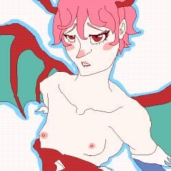 1girls big_nose blush breasts breasts_out capcom darkstalkers demon_girl demon_wings female_only flat_chest flat_chested horny leanderart64 lilith_aensland nipples nose_blush pale_skin petite pink_hair pink_nipples pixel_art pointy_nose red_eyes short_hair simple_background small_breasts succubus succubus_wings undressing white_background