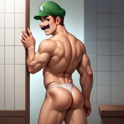 1boy ai_generated ass blue_eyes brown_hair daddy facial_hair green_hat human hunk indoors looking_back luigi male male_only mario_(series) moustache muscular muscular_male nintendo smile solo solo_male thong white_thong