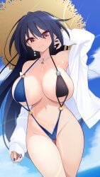 1girls beach big_breasts bikini black_hair breasts detailed_background hat iizunamaru_megumu light-skinned_female long_hair mature_female muchin_jousha pointy_ears red_eyes sky sling_bikini solo solo_female tengu thick_thighs thighs touhou