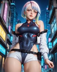 ai ai_generated bare_shoulders belt createdwithai cropped_jacket cyberpunk_edgerunners cyberskin digital_2d fan_art female girl high_heel high_heel_boots highleg_leotard hip_vent knee_boots long_sleeves lucy_(cyberpunk) lucyna_kushinada makeup multicolored_eyes multicolored_hair nostra666 off-shoulder_jacket open_jacket parted_bangs patreon red_eyeliner see-through_pantyhose short_hair stable_diffusion turtleneck_leotard white_eyebrows white_hair white_shorts