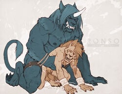 2boys anal anal_sex anthro artist_name balls ballsack beefy beige_fur biceps blonde_hair blue_fur blue_hair body_fur claws crossover cum cum_in_ass cum_inside cumshot erection facial_scar final_fantasy final_fantasy_vii final_fantasy_x foreskin foreskin_folds forge_(artist) gay gay_sex hands-free horn humanoid_penis implied_anal intact kimahri lean_muscle leonine long_hair_male male male/male male_nipples male_only male_pubic_hair mane masculine mature_male muscles muscular_male nanaki nude_male orgasm pecs penetration penis red_xiii retracted_foreskin ronso ronso_(artist) scrotum sharp_teeth size_difference size_play smooth_penis tail tail_tuft testicles thewielder uncut video_games yaoi