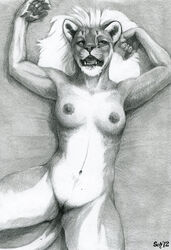 2012 anthro breasts feline female fur furry lion lioness monochrome nude pussy scheriff solo