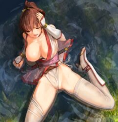 arm_support breast_slip breasts brown_hair closed_eyes dead_or_alive defeated female female_only from_above hand_on_own_head high_heels hiuji holding_head human human_only kasumi_(doa) kunoichi large_breasts legs long_legs lying nipple_slip on_back one_breast_out open_toe_shoes orange_hair partially_submerged ponytail shoes solo sword thighhighs thighs tied_hair water weapon wet wet_clothes white_legwear