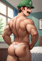 1boy ai_generated ass bed bedroom brown_hair daddy facial_hair green_hat hat human hunk indoors looking_back luigi male male_only mario_(series) moustache muscular muscular_male nintendo smile solo solo_male thong