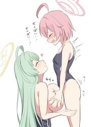 1futa 1girls absurdres ahoge bare_arms big_breasts black_one-piece_swimsuit blue_archive blush bottomless breasts closed_mouth clothed clothes_pull clothing duo erection female from_side futa_on_female futa_with_female futanari grabbing_another's_breast green_hair groping halo heart highres hoshino_(blue_archive) human large_breasts light-skinned_female light-skinned_futanari light_skin long_hair mendako1208 multiple_girls one-piece_swimsuit one-piece_swimsuit_pull open_mouth paizuri partially_clothed penis pink_hair pink_halo sex short_hair simple_background smile standing swimsuit topless white_background yellow_halo yume_(blue_archive)