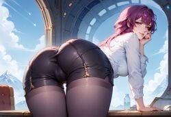 1girls ai_generated anaslex ass ass ass_focus butt_focus glasses glasses_on_head hand_on_cheek hi_res honkai:_star_rail kafka_(honkai:_star_rail) pantyhose pose posing posing_for_the_viewer purple_eyes purple_hair seductive seductive_look seductive_smile shirt shorts solo thigh_gap thighs tights