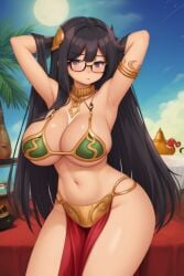 ai_generated armpits arms_up belly_dancer belly_dancer_outfit black_eyes black_hair black_skin chubby girl glasses harem harem_girl harem_outfit huge_breasts loincloth original original_character slave_leia_(cosplay) strapless tanned_skin