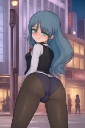 1girls ai_generated ass barren_(ai_prompter) blue_hair blush city clothed green_eyes highres light_skin looking_at_viewer looking_back mostly_clothed oc original original_character original_character_(barren) outdoors panties pantyhose people_in_background presenting_hindquarters public pussy_visible_through_clothes small_breasts smile solo stable_diffusion street vest wavy_hair