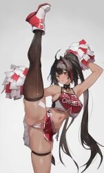 bay_(nikke) blush cheerleader chestnut_mouth fit_female goddess_of_victory:_nikke huge_breasts huge_thighs standing_on_one_leg standing_split thick_thighs