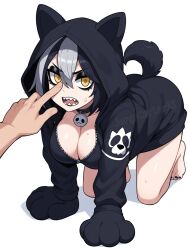 1girls ai_generated angry angry_face big_breasts black_fur black_gloves black_hair black_hoodie black_lipstick black_makeup black_tail breasts cleavage collar collared dark_makeup dog_girl fake_animal_ears fake_tail feet female female_focus female_only gloves goth goth_girl gothic hand hoodie hoodie_only jorgecarlosai lipstick makeup open_mouth paw_gloves sharp_teeth silver_hair simple_background sweat sweatdrop tail thighs two-tone_hair two_tone_hair watermark white_background yellow_eyes