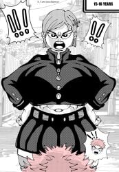 1boy 1boy1girl 1girls angry angry_face belly big_ass big_breasts big_butt big_thighs black_and_white black_outfit child_bearing_hips clothing huge_ass huge_breasts huge_butt huge_thighs imminent_rape imminent_sex itadori_yuuji jujutsu_kaisen kugisaki_nobara melletprout pink_hair schoolboy schoolgirl screentone text text_bubble wide_hips