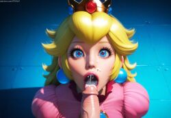 after_fellatio ai_generated bangs blonde_hair blue_eyes crown cum cum_in_mouth cum_on_tongue dress earrings eyelashes eyeliner full_lips lipstick long_hair looking_at_viewer mario_(series) nai_diffusion open_mouth penis penis_on_tongue pink_dress pov pov_eye_contact princess_peach pujopg sidelocks torogao wide_eyed