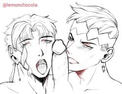 3boys artist_name collaborative_fellatio diamond_is_unbreakable earrings erection gay jojo's_bizarre_adventure josuke_higashikata lemonchocola male male_only mmm_threesome noriaki_kakyoin open_mouth oral penis rohan_kishibe stardust_crusaders threesome twitter_username yaoi