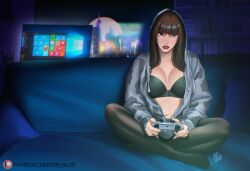 1girls bra brown_hair clothed computer dark_hair female female_only gaming green_eyes joystick microsoft mostly_clothed playing_videogame sitting sitting_on_sofa sofa tomwlod windows windows_10