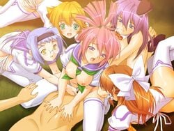 5girls animal_ears blonde_hair blue_hair breasts bunny_ears cosplay_fetish_academy cowgirl_position fingering game_cg glasses group_sex hairband kazuma_muramasa mikage_shana mikage_yuuki miwa_maika mizuki_kotori multiple_girls orange_hair orgy pink_eyes pink_hair print_legwear pubic_hair purple_hair red_hair school_uniform seiai_gakuen_fechi_ka sex thighhighs tsukino_akari uncensored white_legwear