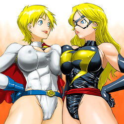 2girls belt blonde_hair blue_eyes breast_press breasts cameltoe cape carol_danvers cleavage cleavage_cutout comic crossover dc domino_mask elbow_gloves erect_nipples female female_only ffnf frown gloves hand_on_hip hips impossible_clothes karen_starr large_breasts leotard lips long_hair marvel marvel_comics mask ms._marvel ms._marvel_(carol_danvers) multiple_girls noq power_girl short_hair smile symmetrical_docking taut_shirt western