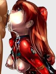 1girls areolae arms_behind_back asuka_langley_sohryu blue_eyes bodysuit bondage bound_arms breast_bondage breasts breasts_out brown_hair censored clothing cum cum_in_mouth deepthroat dodai_shouji fellatio female hair hair_ornament human large_areolae large_breasts light-skinned_female light_skin long_hair male mouthful neon_genesis_evangelion oral orange_hair overflow penis pilot_suit plugsuit pointless_censoring straight tied_hair twintails