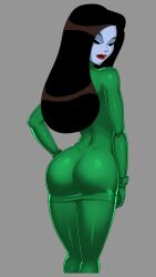 big_ass calendar_girl_(dc) green_outfit hand_on_hip looking_at_viewer looking_back mask masked_female