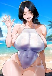 ai_generated beach black_hair bleach casual_one-piece_swimsuit closed_eyes covered_navel creamy_ai curvy huge_breasts long_hair one-piece_swimsuit sideboob sitting smile thick_thighs unohana_retsu waving white_swimsuit wide_hips