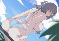 ass bikini blue_bikini blue_eyes blue_sky blush bow breasts chimunge cloud day female from_behind grey_hair hairbow highres huge_breasts looking_at_viewer looking_back marvelous outdoors parted_lips senran_kagura shiny_skin short_hair sitting sky solo striped_bow swimsuit teeth underboob white_bow yumi_(senran_kagura)