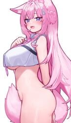 big_breasts blue_eyes blush blush_lines bottomless covering_pussy crop_top crop_top_overhang cute_fang deaver female female_only hakui_koyori hand_behind_back hand_on_breast hololive hololive_japan holox looking_at_viewer no_panties open_mouth pink_hair side_view smile smiling tail tail_censor tail_covering_pussy underboob virtual_youtuber wolf_ears wolf_tail