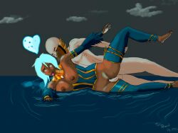 1boy 1girls alternate_costume awilix_(smite) big_breasts blue_hair dark-skinned_female dark_skin female goddess hi-rez_studios interracial light-skinned_male light_skin male midnight_dove_awilix mythology sex smite spooning vaginal_penetration vaginal_penetration vaginal_sex